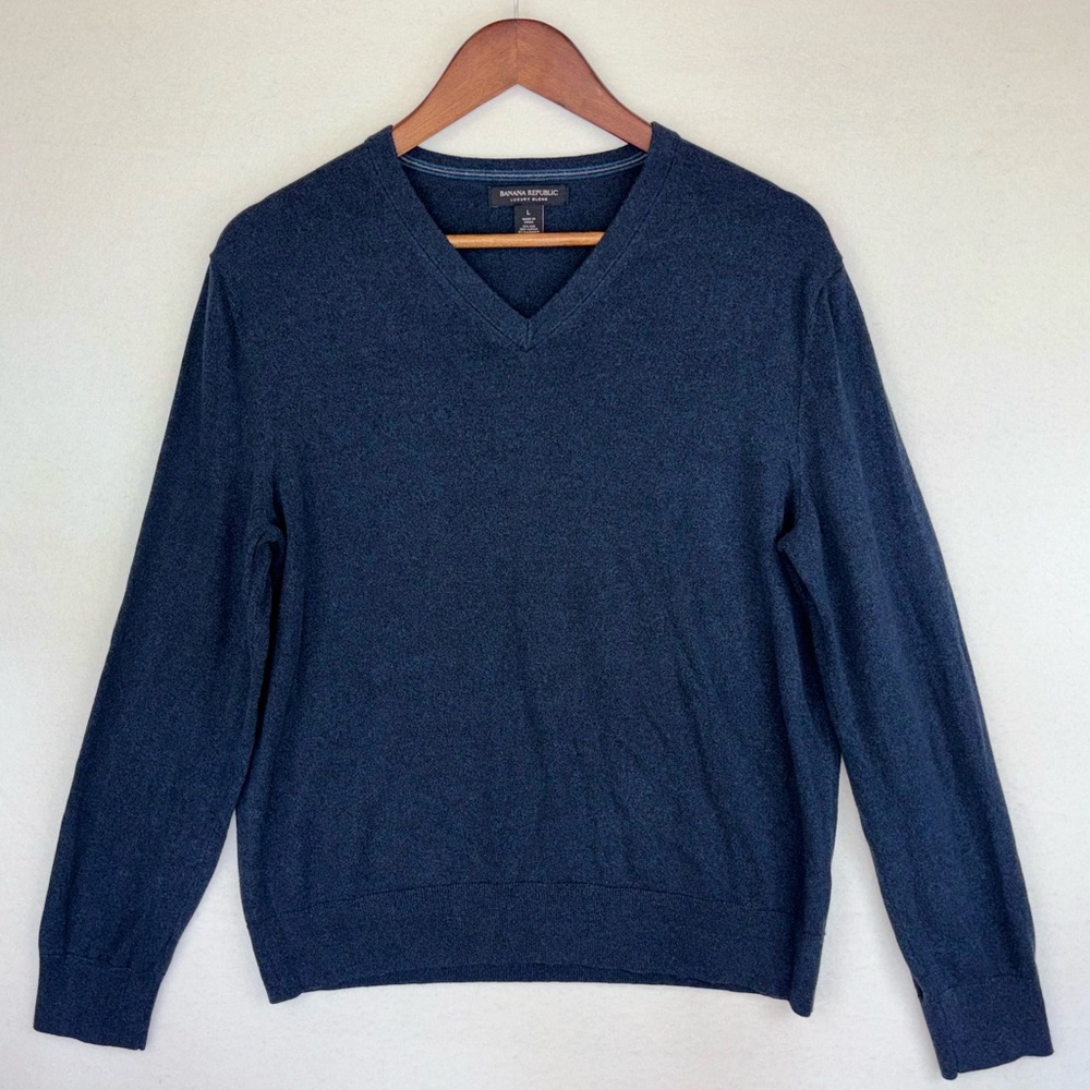 BANANA REPUBLIC $198 Cashmere‎ Silk Sweater Men's Blue Long Sleeve V-Neck Large